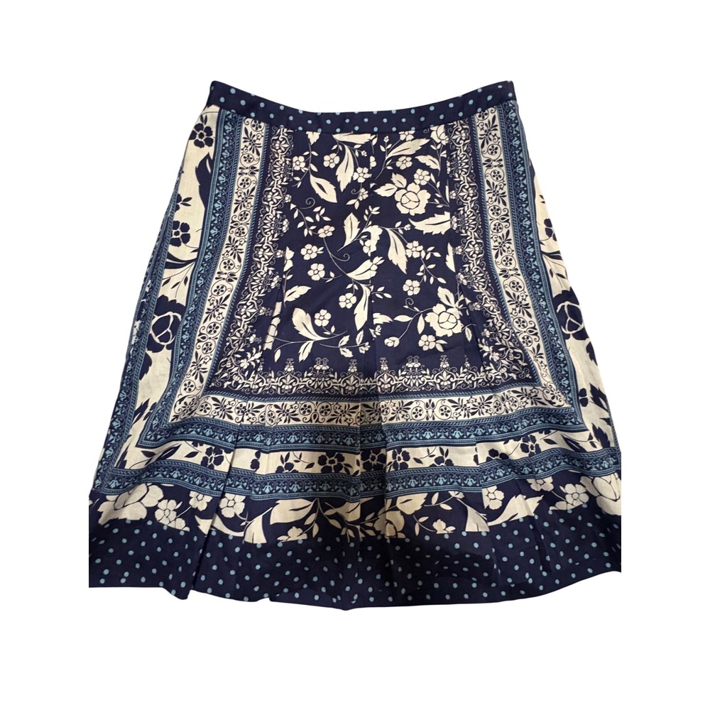 (CL) Ann Taylor Loft Navy Blue Floral Scarf Print Cotton A-Line Skirt Size 2